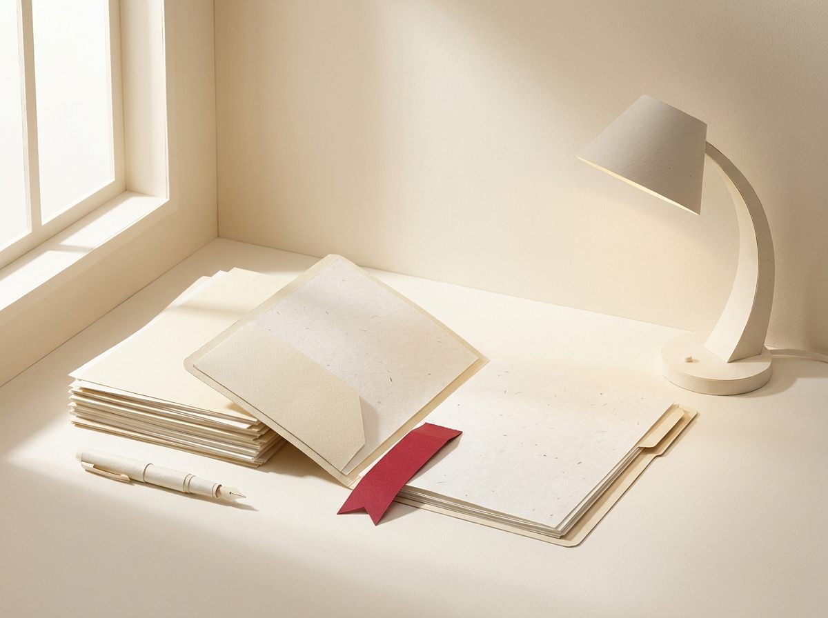 Escritorio sereno recreado en papel recortado: documentos, una carpeta con marcador rojo y un flexo, bañados por luz de día